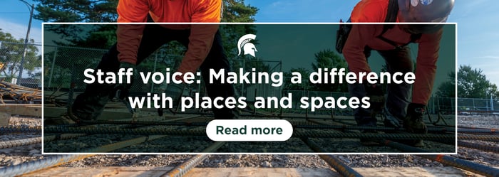 Two construction workers in orange shirts and helmets work on a row of wood and steal rods. White text overlaid on the image says: staff voice making a difference with places and spaces; read more