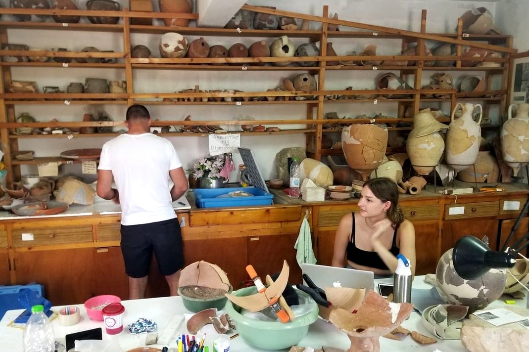 Dan Trego (left), Educational Media Design Specialist at MSU, and Alyssa DeTorrice (right), who graduated from MSU in 2022 with a dual degree in Supply Chain Management and Art History and Visual Culture, at the MSU Excavations at Isthmia.