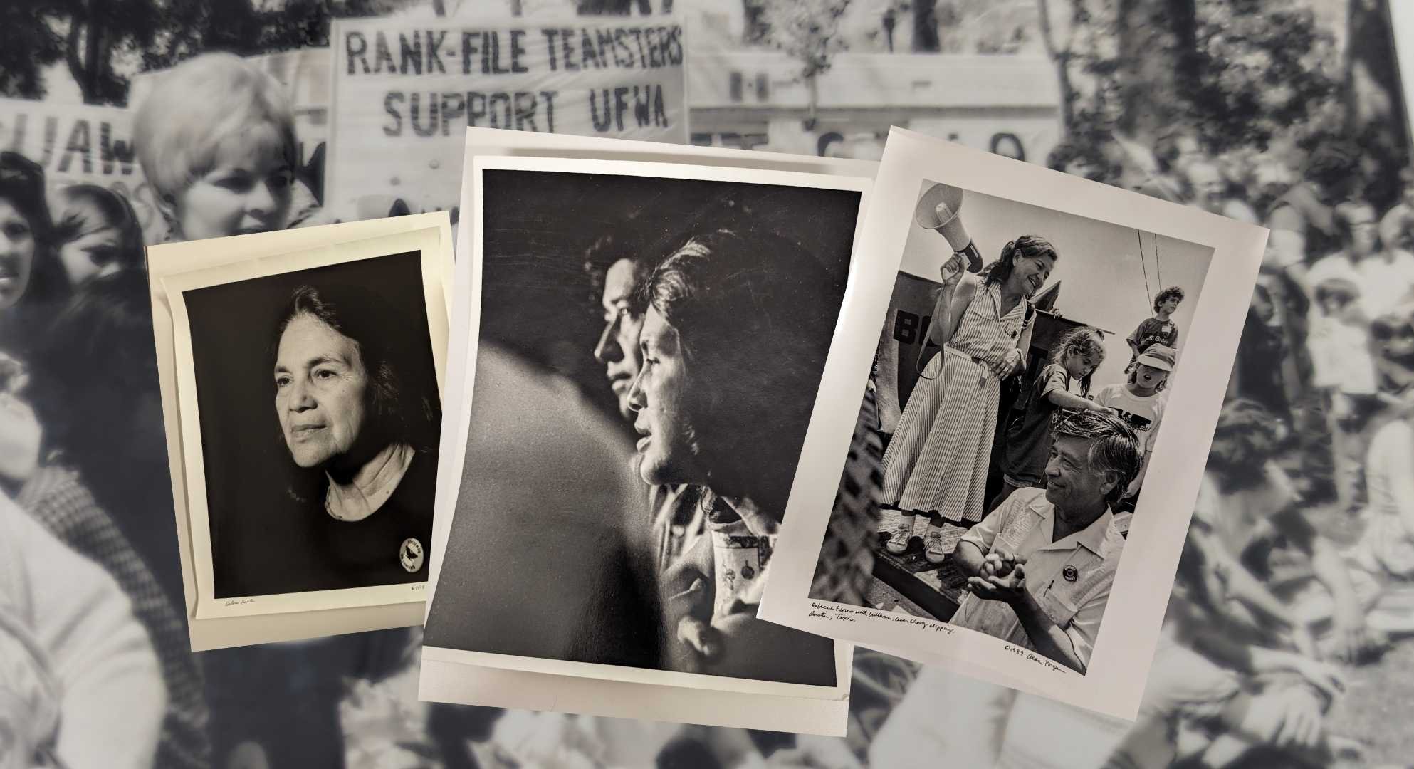 Dolores Huerta and Cesar Chavez archival photos overlaid onto a photo of a group of UFWA protestors