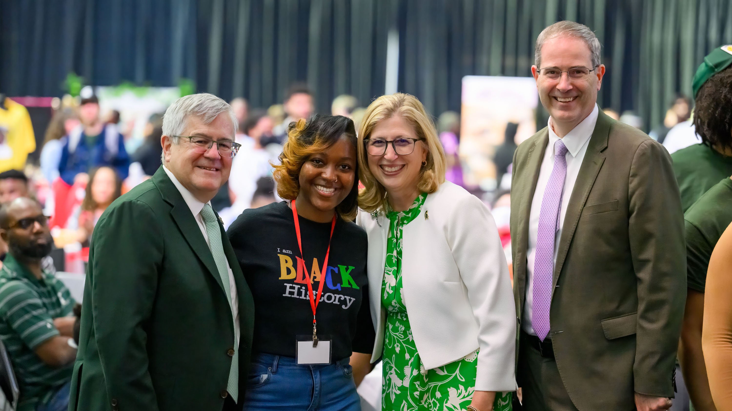 From left to right, MSU Foundation Professor Thomas V. O?Halloran, Black Students? Alliance President Drue Bender, Interim President Teresa K. Woodruff, Ph.D., and College of Arts and Letters Dean Chris Long. 