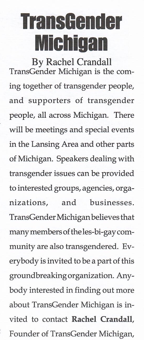 Clipping from Q-News of Rachel Crandall-Crocker's article announcing the establishment of Transgender Michigan