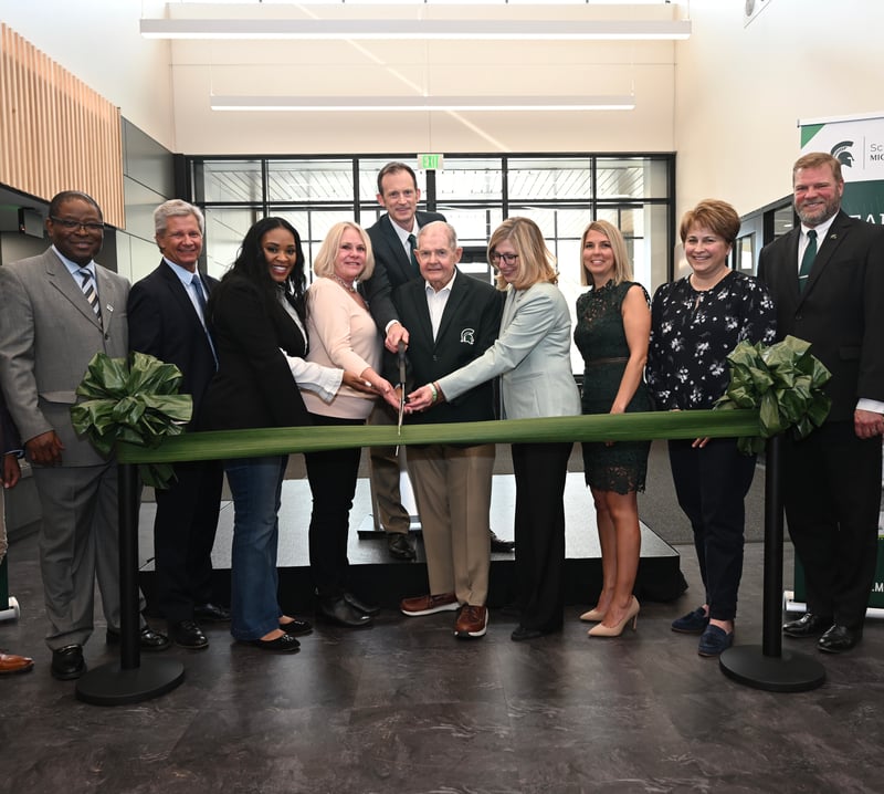 Michigan State University School ribbon cutting ceremony - Michigan State University celebrated the opening of the newly renovated MSU School of Packaging building on April 20, following a fundraising campaign that raised more than $10 million. Pictured from left to right: Krishnaa Venkatesan, School of Packaging Ph.D. candidate and graduate student speaker; Laurent Matuana, Ph.D., School of Packaging associate director; Mike Schmitt, Amcor executive vice president and 1981 School of Packaging alumnus; Rema Vassar, Ph.D., MSU Board of Trustees chair; Chuck and Jackie Frasier, donors and 1970 School of Packaging alumnus; Matt Daum, Ph.D., School of Packaging director and professor, CANR assistant dean (above); Teresa K. Woodruff, Ph.D., MSU interim president;  Kelly F. Millenbah, Ph.D., CANR dean; and Thomas Jeitschko, Ph.D., MSU interim provost; Photo by Derrick Turner/University Communications.