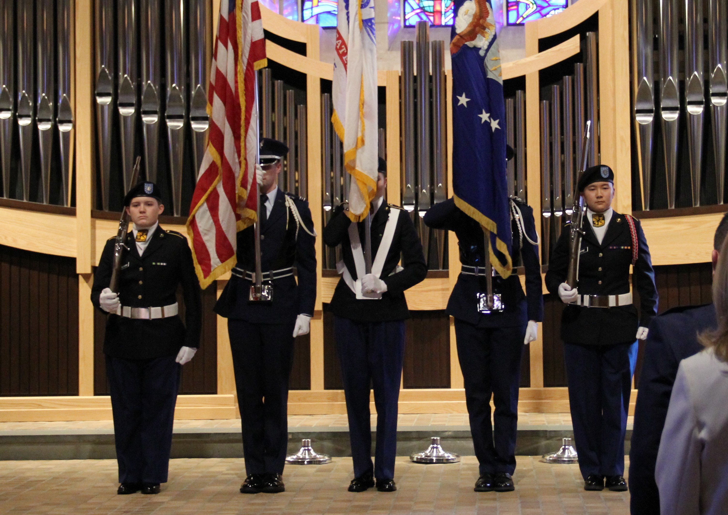 Members of the Spartan Battalion Color Guard present colors at a Michigan State University U.S. Air Force and U.S. Army ROTC Veterans Day ceremony on Thursday, Nov. 9, 2023 at the MSU Alumni Memorial Chapel.