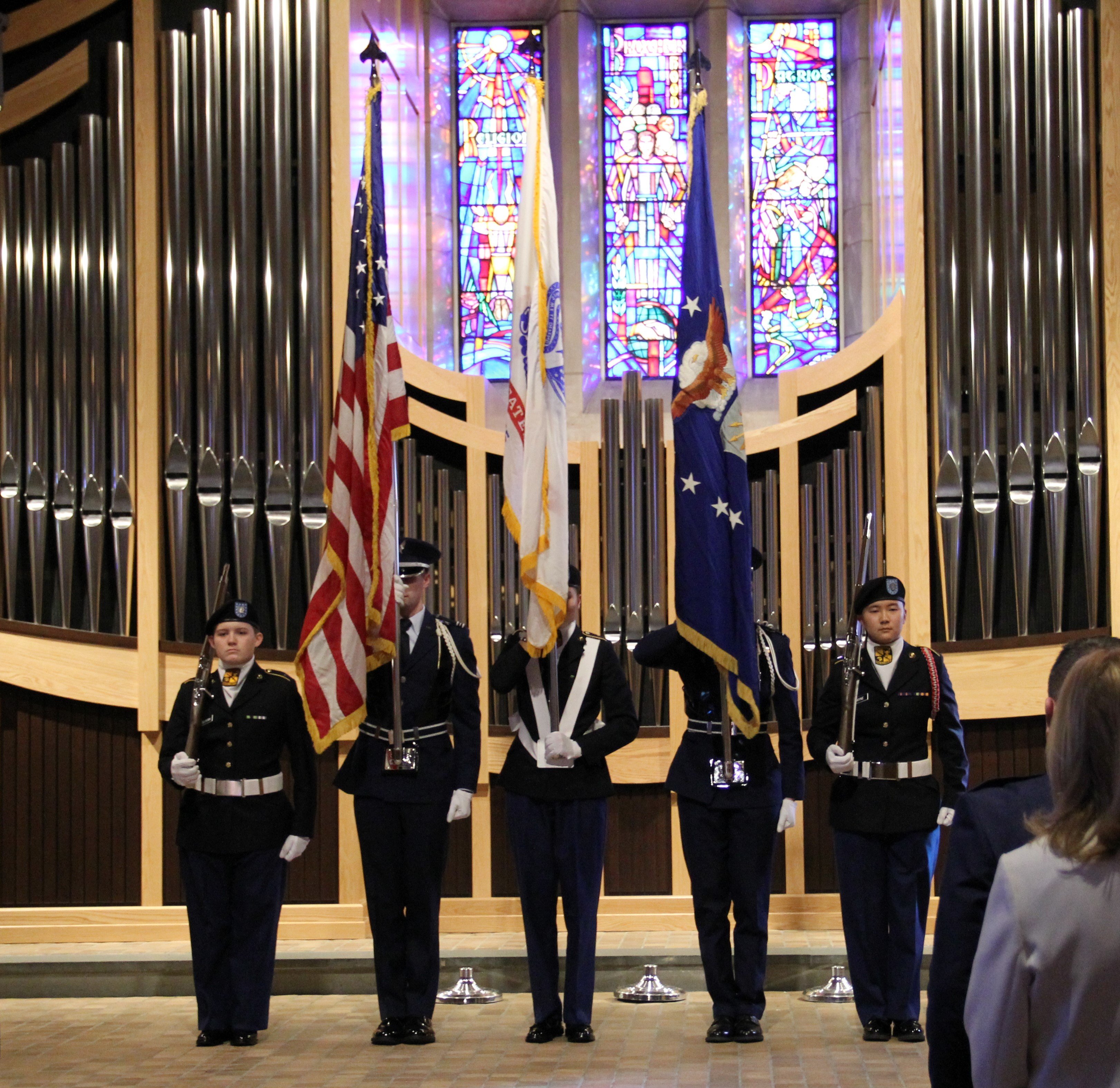 Members of the Spartan Battalion Color Guard present colors at a Michigan State University U.S. Air Force and U.S. Army ROTC Veterans Day ceremony on Thursday, Nov. 9, 2023 at the MSU Alumni Memorial Chapel.