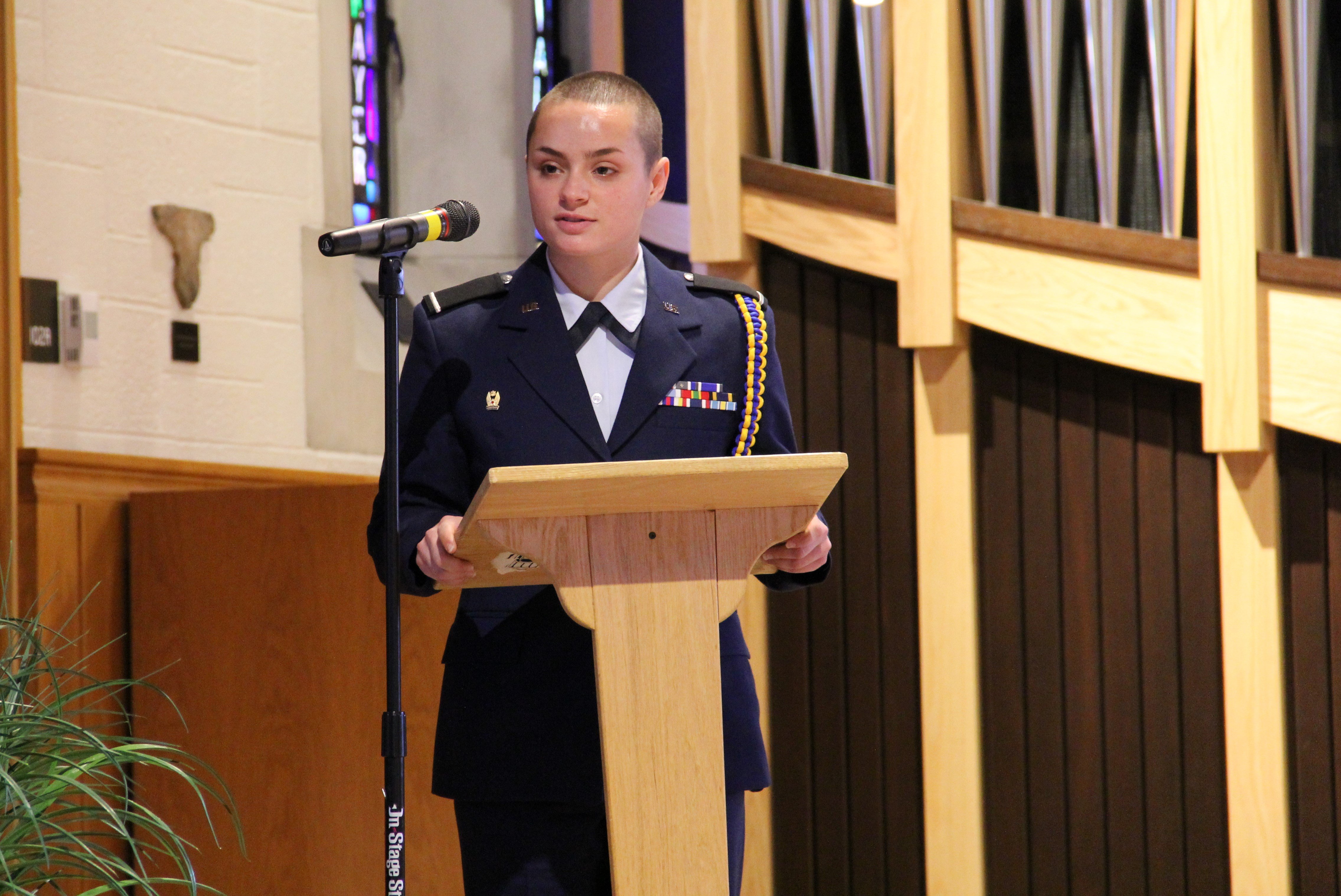 A Michigan State University student and U.S. Air Force ROTC cadet gives the history of Detachment 380 during an MSU U.S. Air Force and U.S. Army ROTC Veterans Day ceremony on Thursday, Nov. 9, 2023 at the MSU Alumni Memorial Chapel.