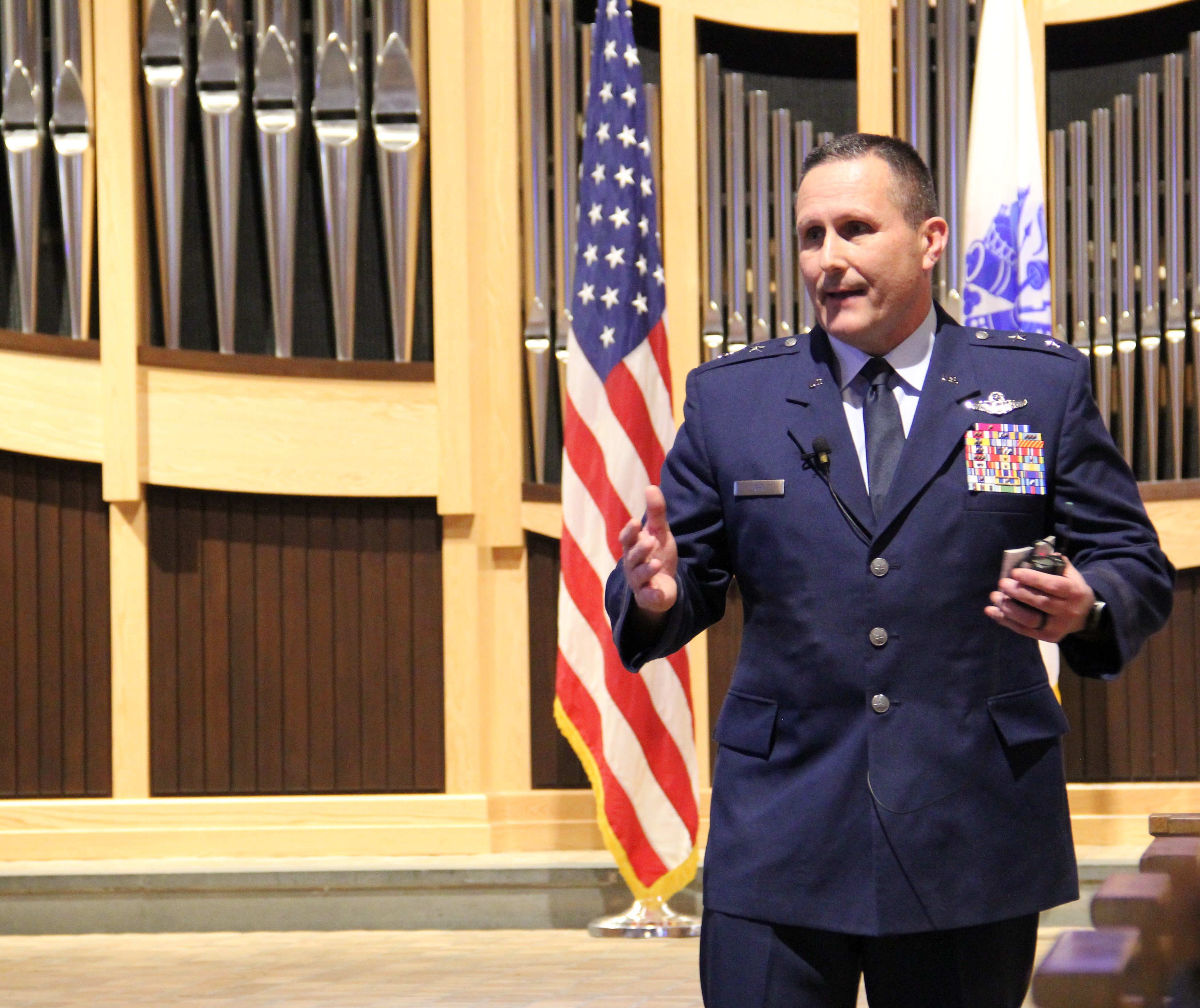 Maj. Gen. Bryan Teff, assistant adjutant general of the Michigan Air National Guard, provides the keynote address during the Michigan State University U.S. Air Force and U.S. Army ROTC Veterans Day ceremony on Thursday, Nov. 9, 2023 at the MSU Alumni Memorial Chapel.