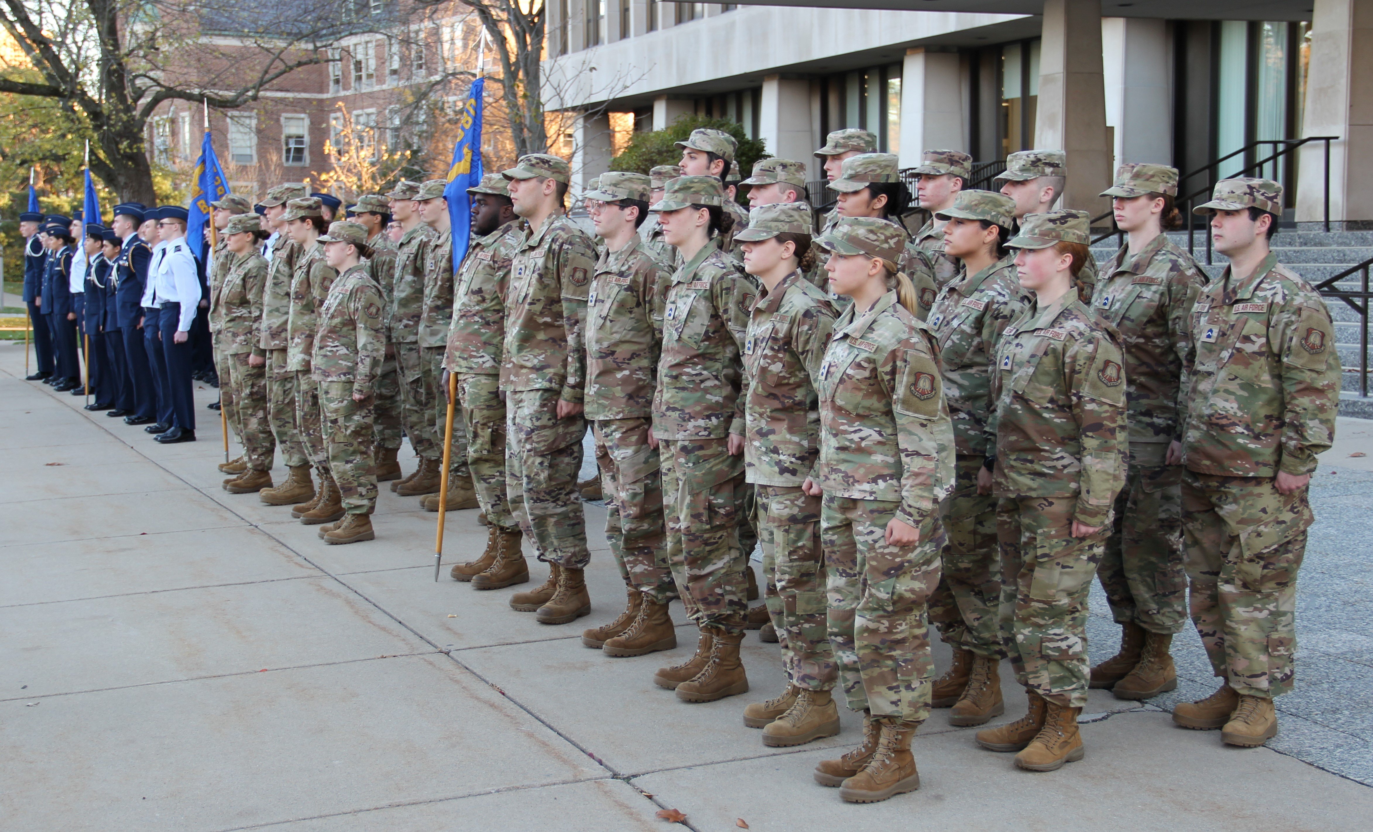 Members of the Michigan State University U.S. Army and U.S. Air Force ROTC stand in formation in front of the Hannah Administration Building as part of a Veterans Day ceremony on Thursday, Nov. 9, 2023.