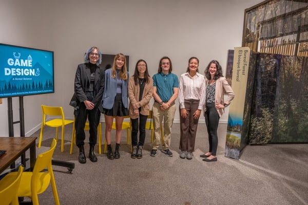 MSU students who worked on an exhibition-oriented game for “Knowing Nature” and Caroline White (CoLab Education and Learning Manager). Photo by Derrick L. Turner