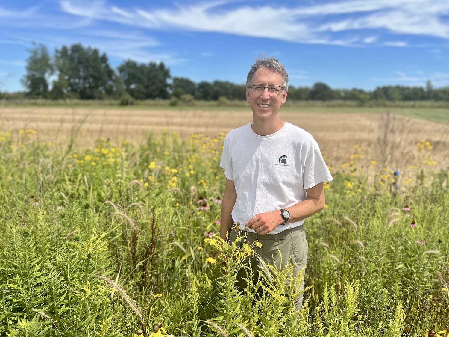 Nick Haddad standing in a prairie strip that is part of the KBS LTER.