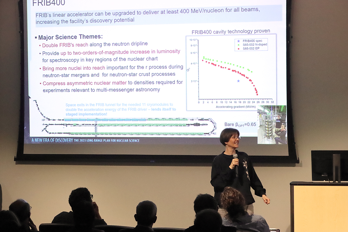 Alexandra Gade, FRIB deputy scientific director and 2023 Long Range Plan Writing Group member, speaks at FRIB’s update meeting.