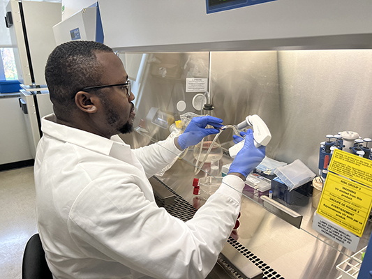 Doctoral student Chinedum Udekwu conducting research