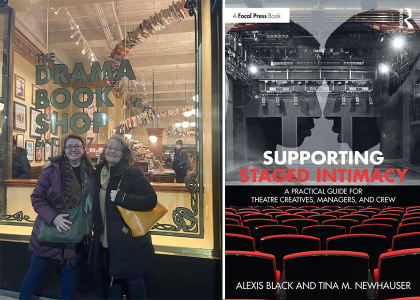 A combined image of Alexis Black and Tina M. Newhauser posing in front of a window (left) and the cover to their book,