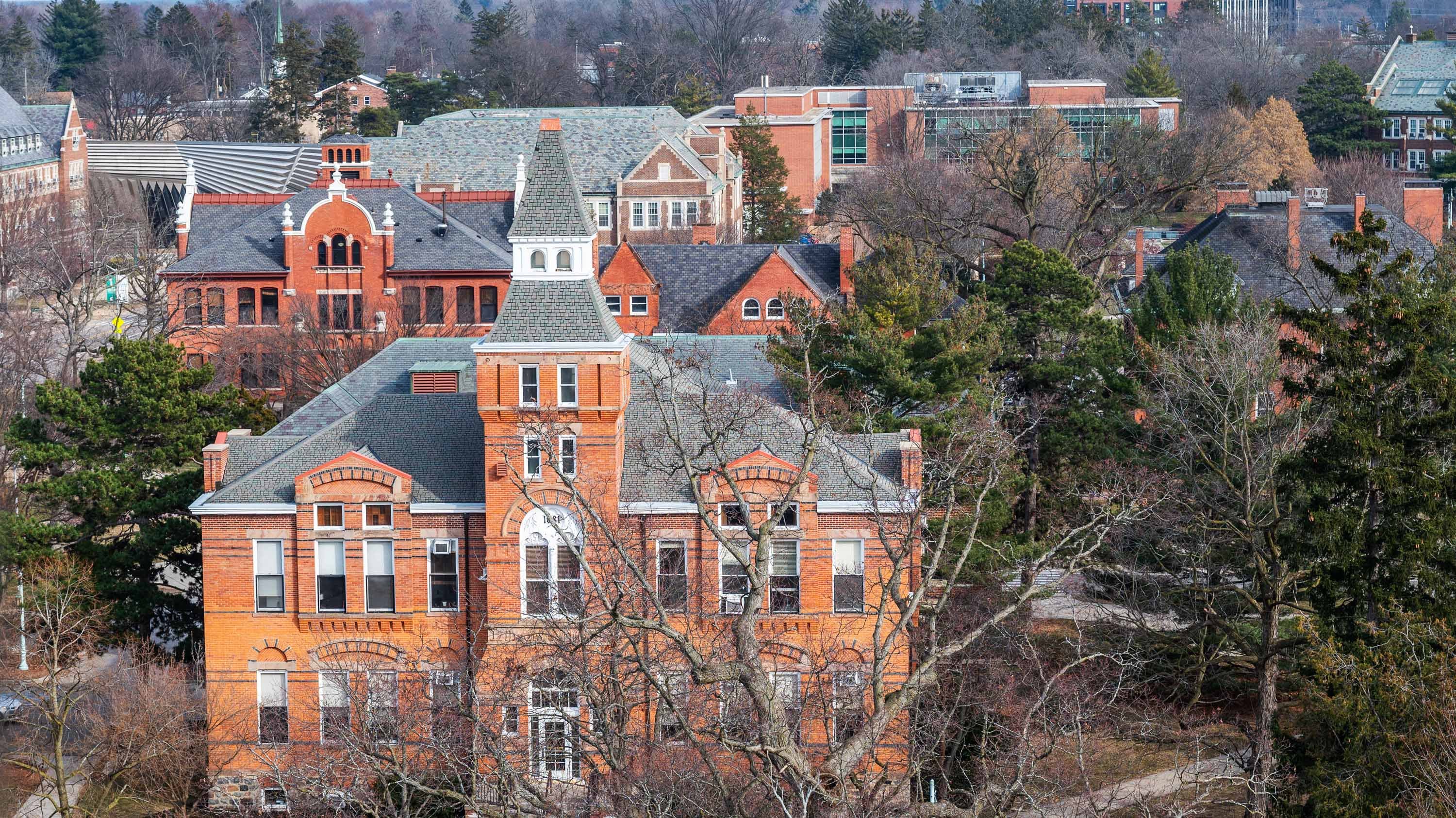 Bird's eye view of Linton Hall and other campus buildings