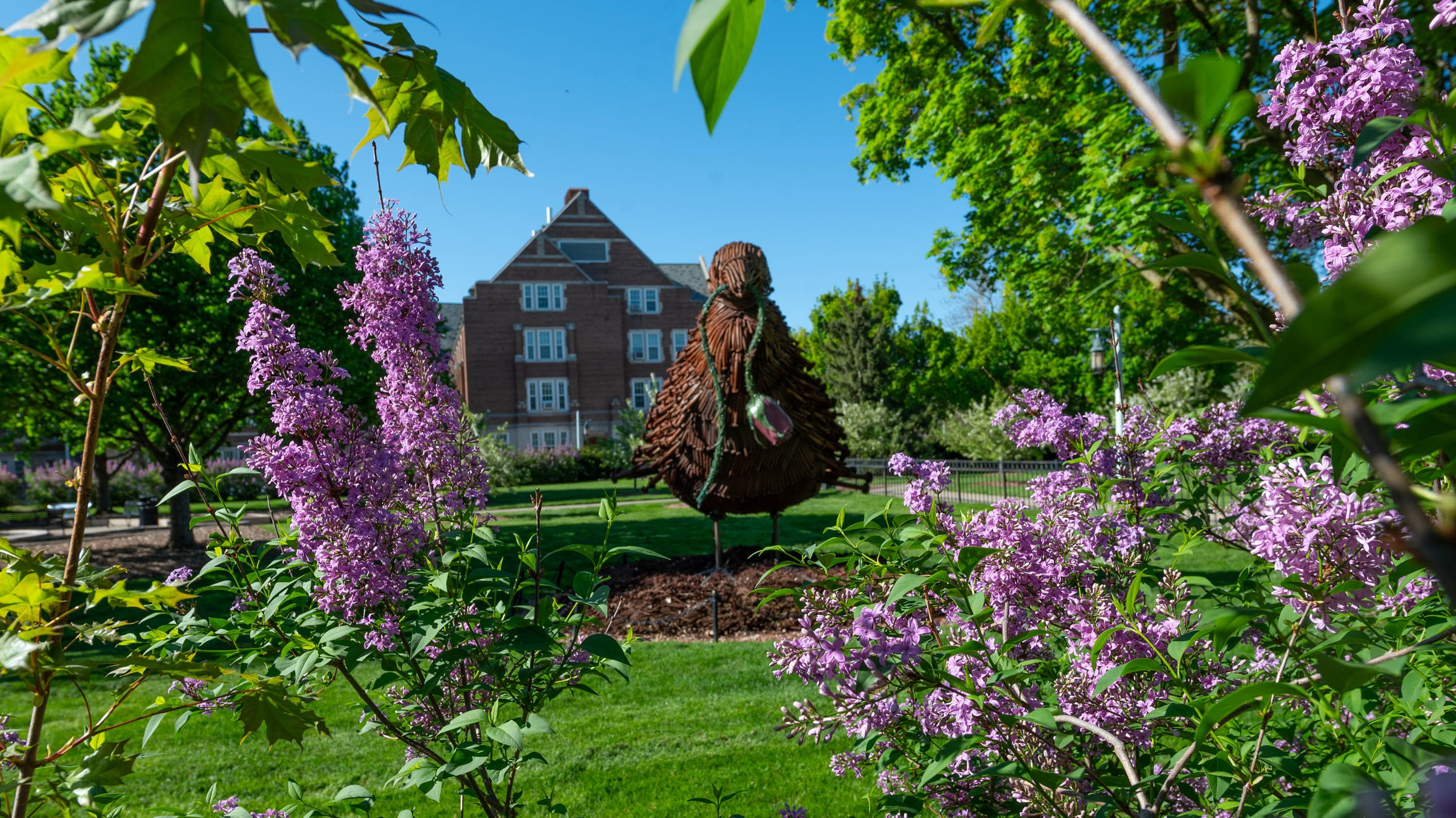 'Bird' sculpture framed by lilac bushes