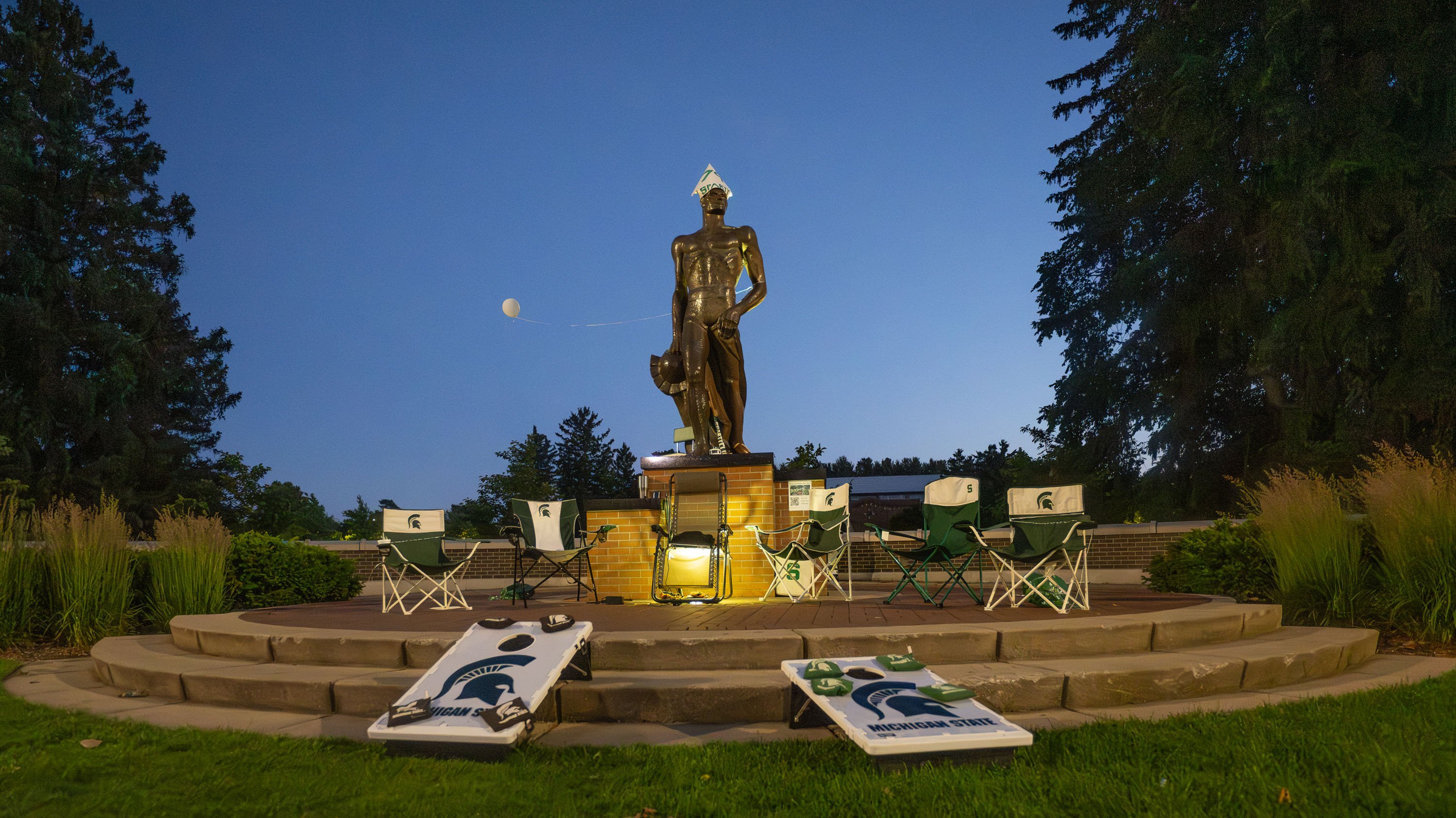 Birthday decorations on and in front of Spartan Statue