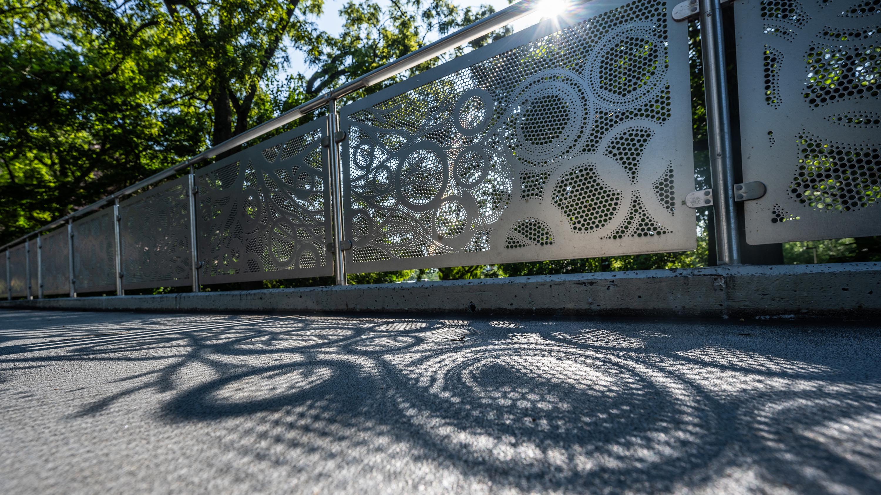 Shadows of design on MSU library bridge