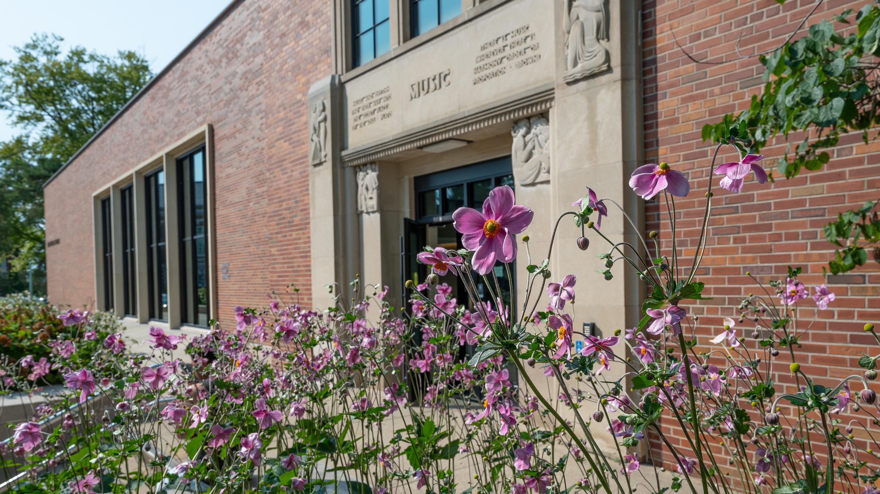 Flowers in front of Music Building