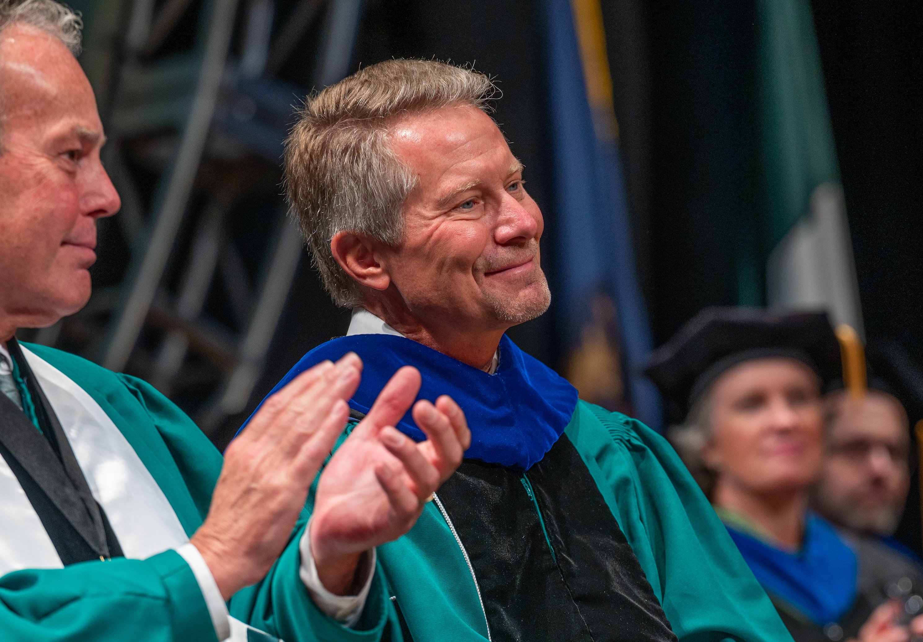 A closeup of Trustee Dan Kelly and President Kevin Guskiewicz