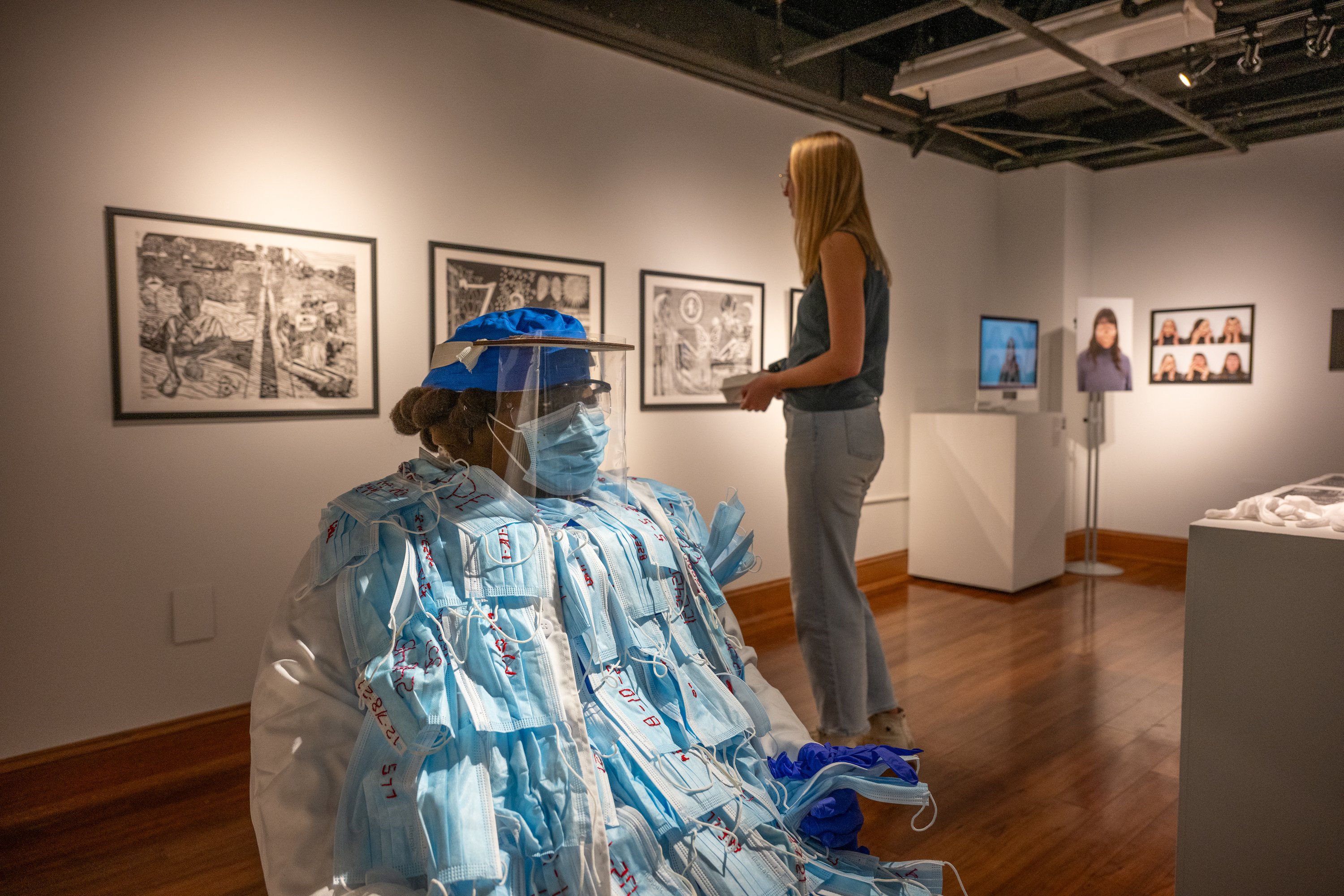 An art exhibit featuring work that showcases PPE and other materials that are representative of the COVID-19 pandemic.