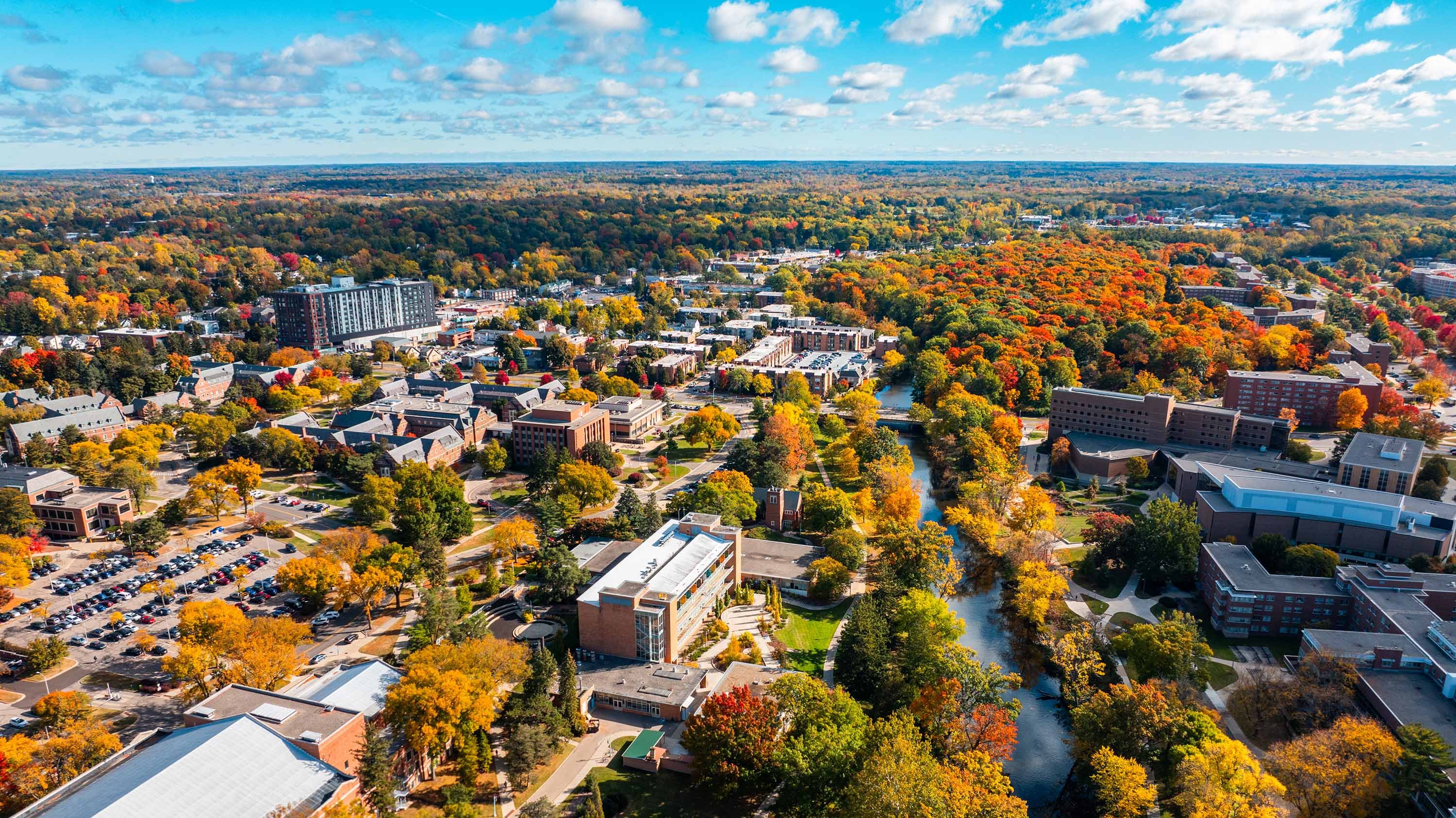 Aerial view of campus in autumn