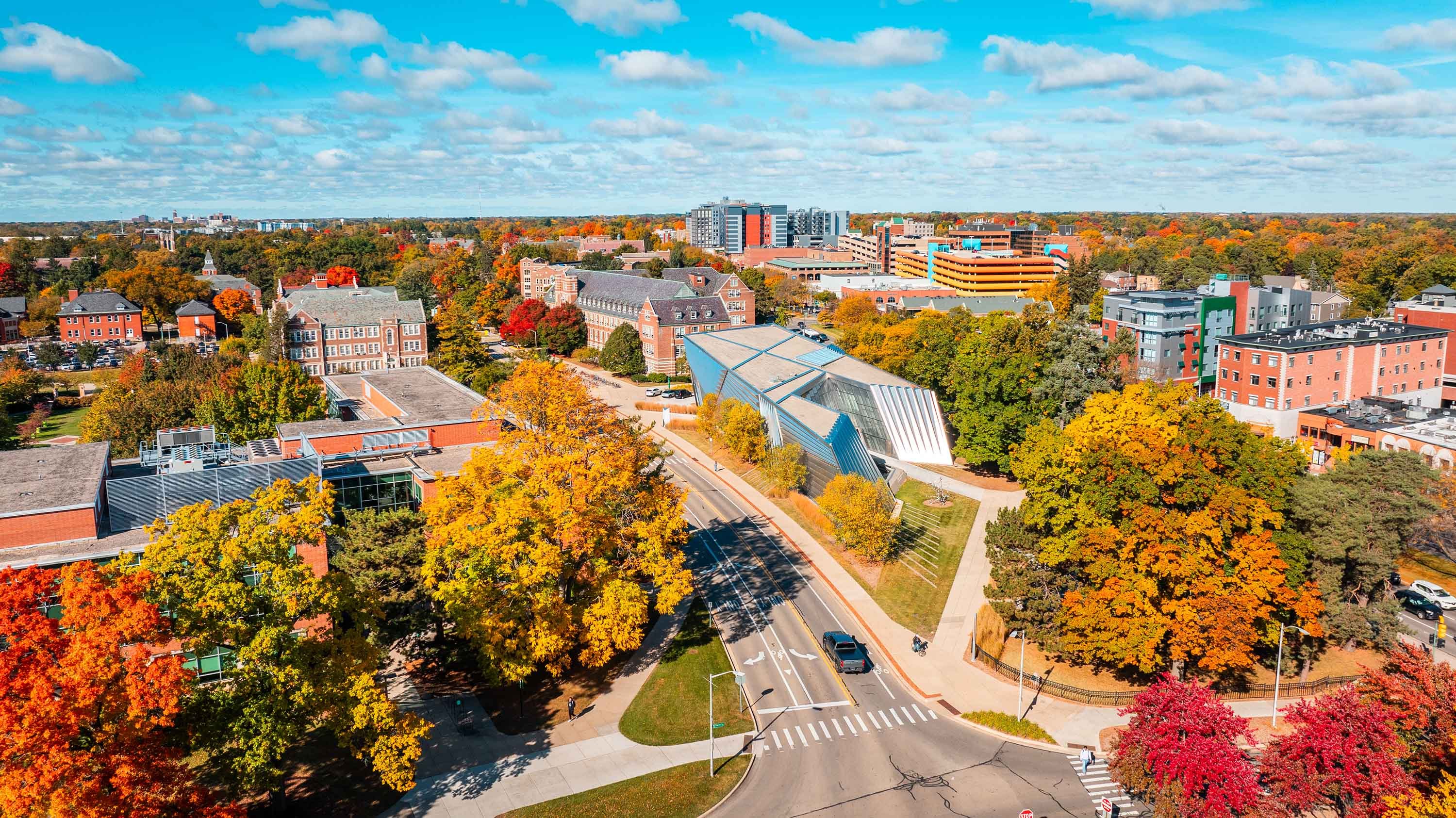 Aerial view of campus in autumn