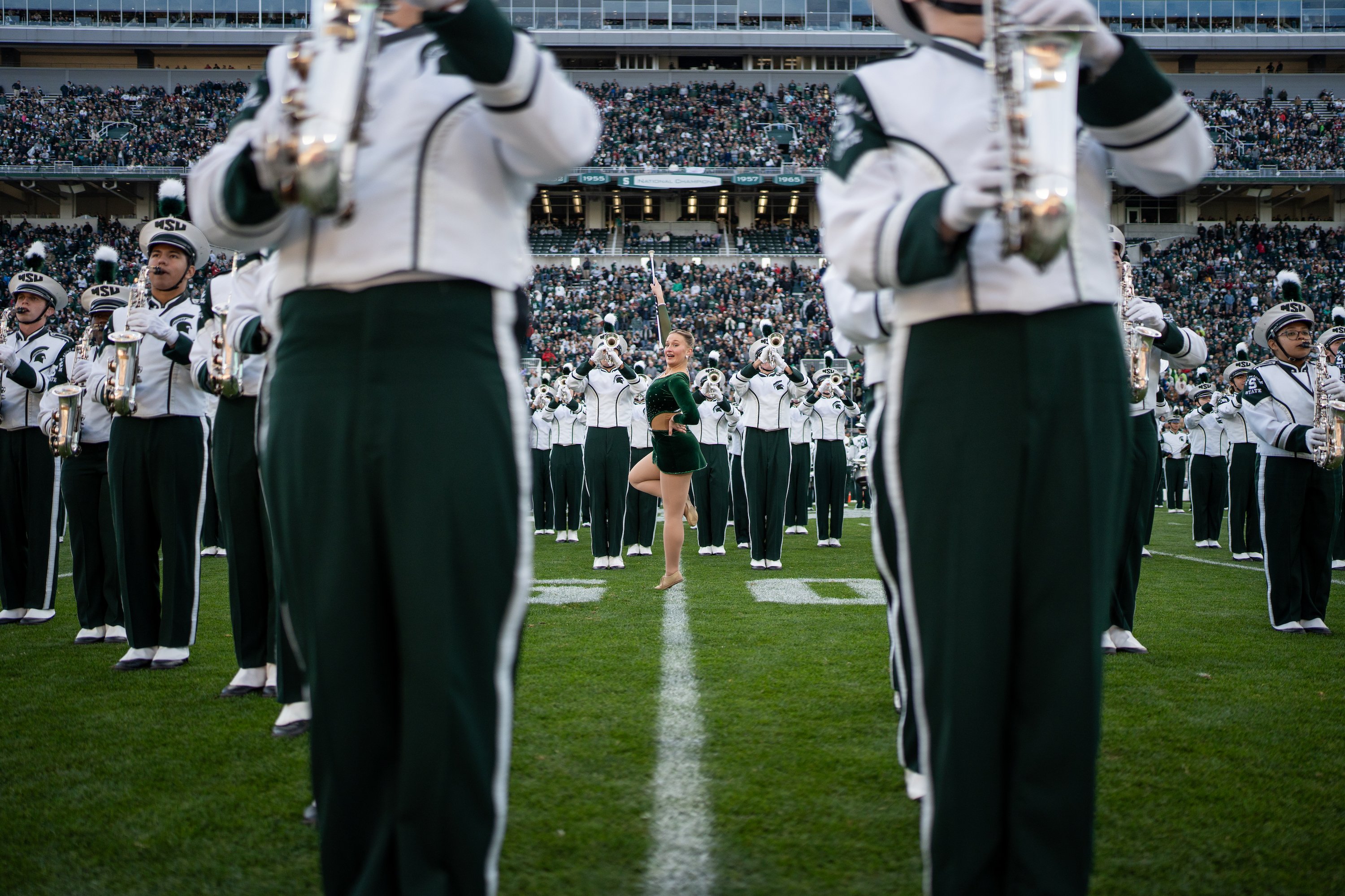 Spartan Marching Band members perform at halftime.