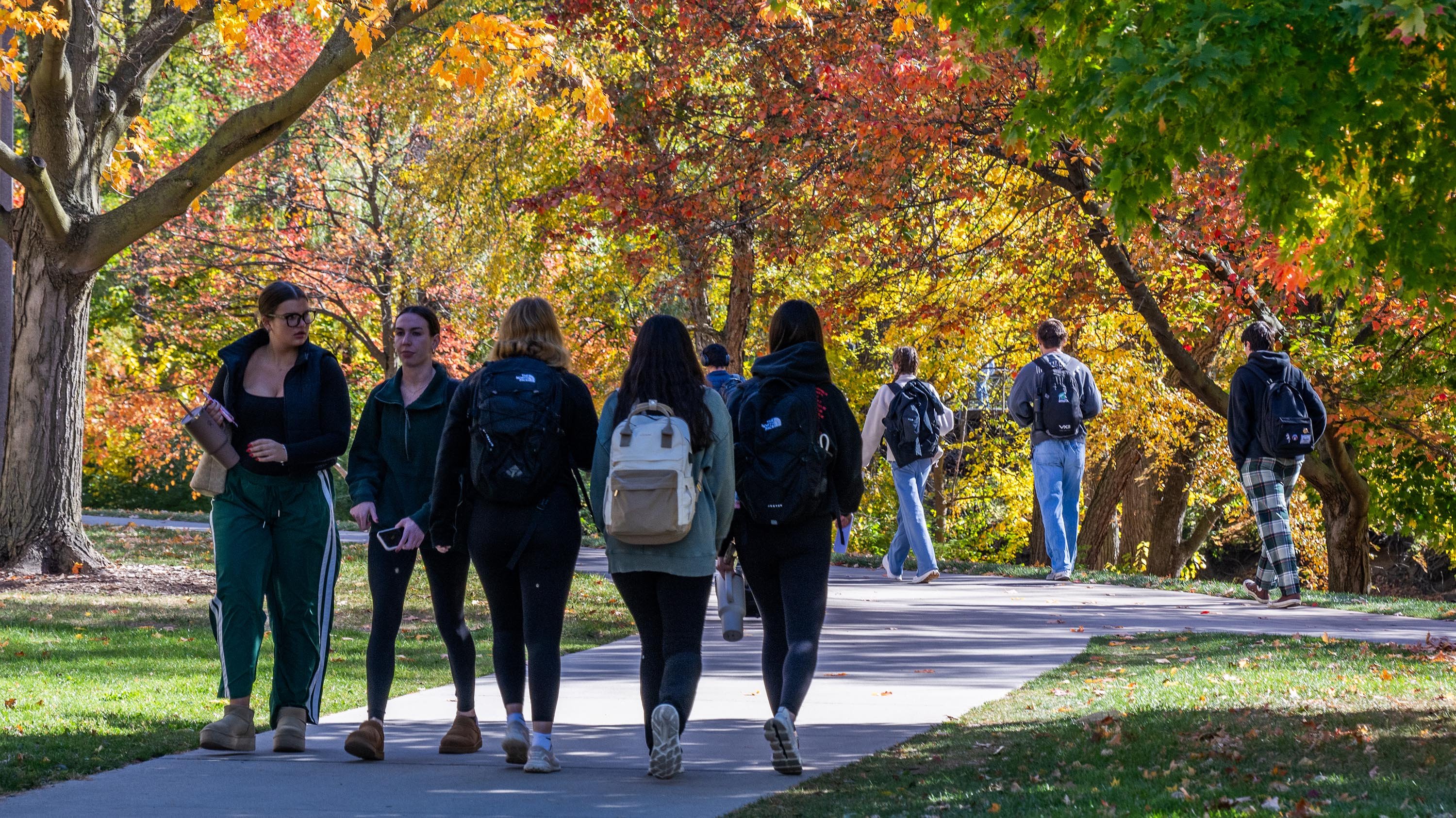 Students walking on campus in the fall