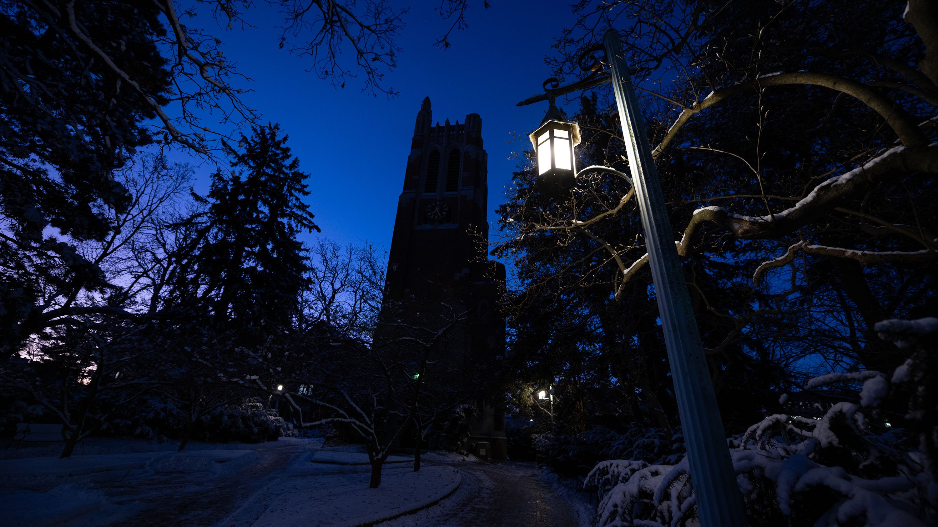 Beaumont Tower on a winter evening