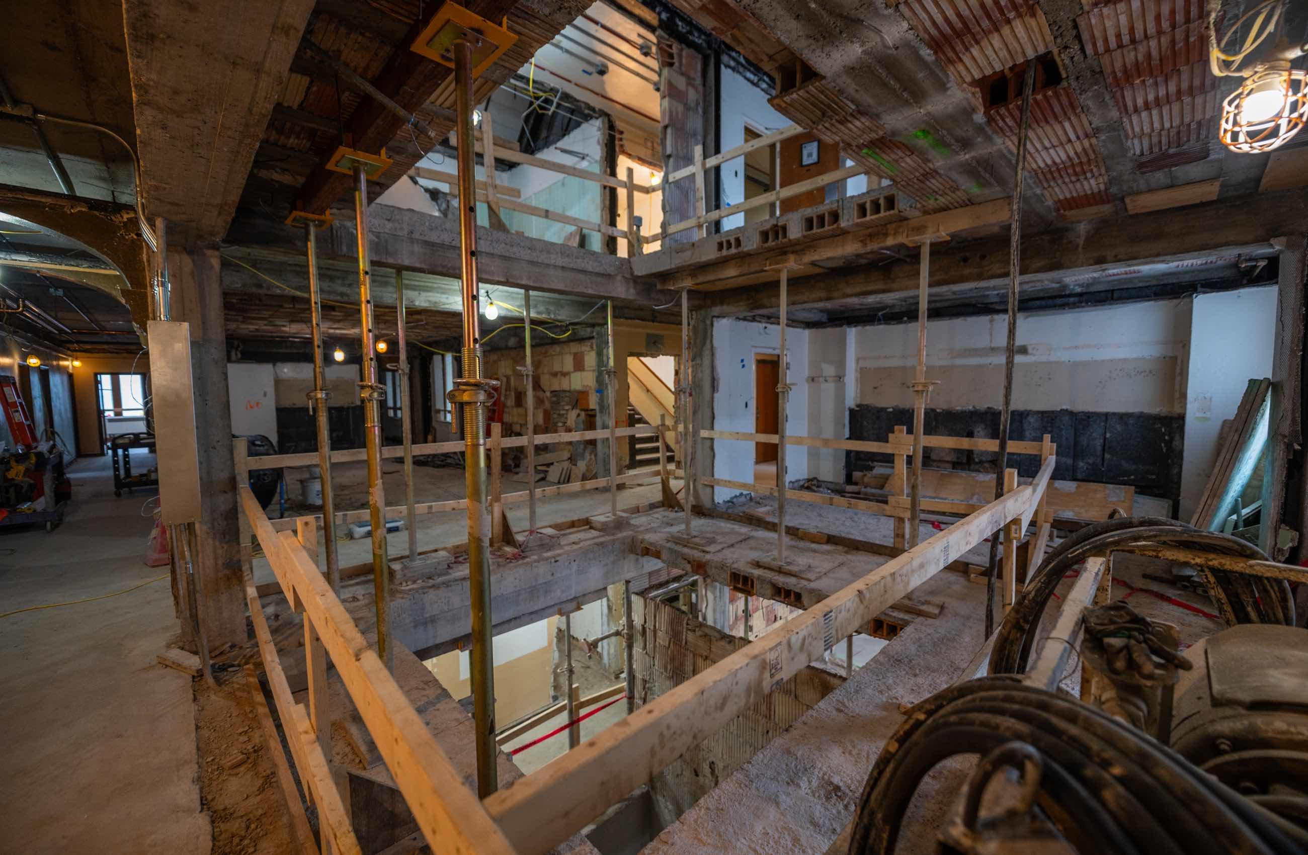 Interior of Campbell Hall under construction.