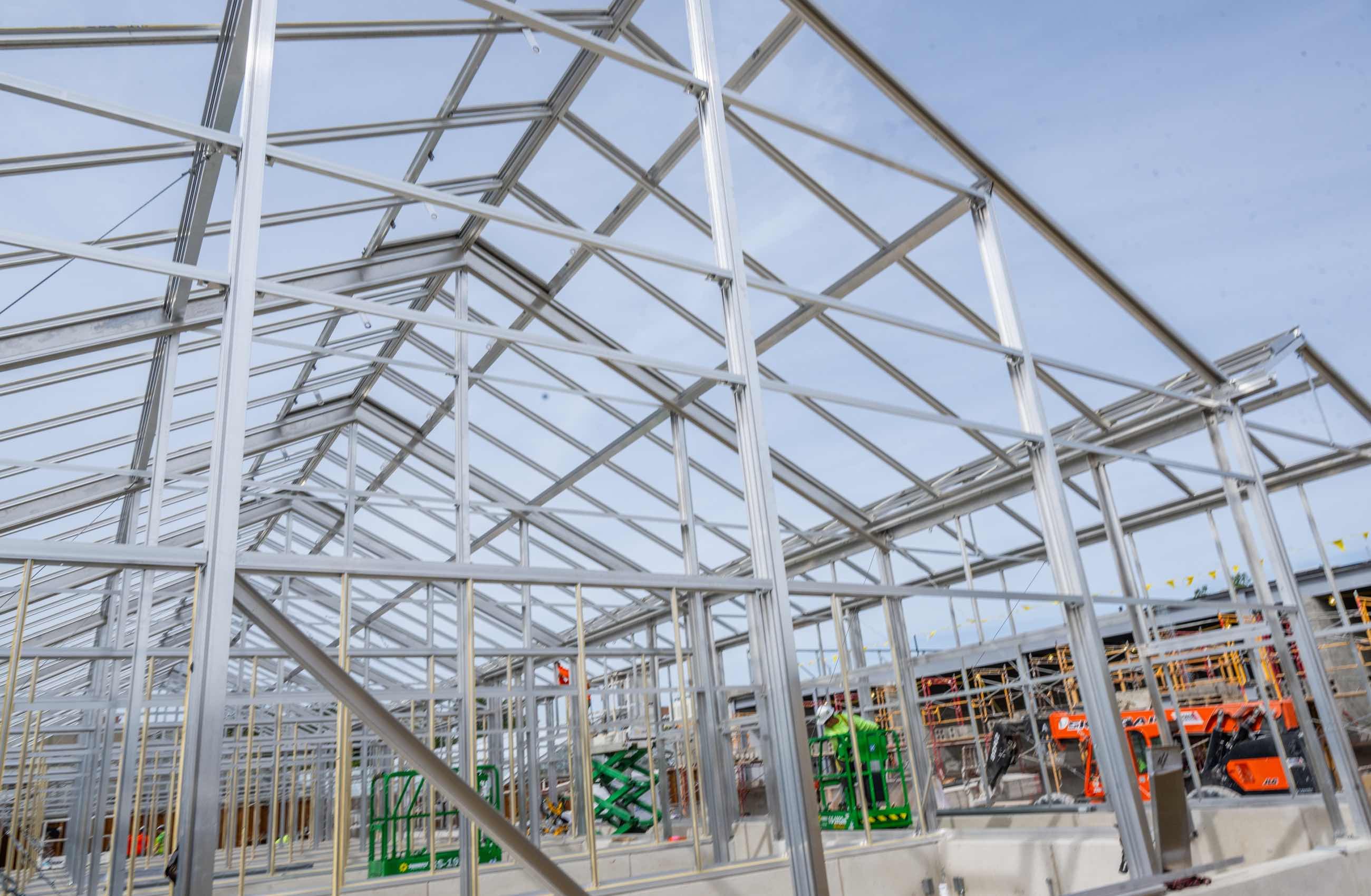 Steel structure of a greenhouse under construction.