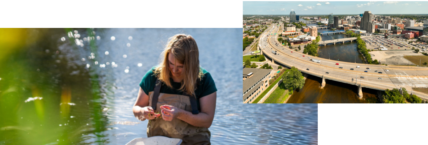 There are two images. One is of a person in waders in the water; the other is a highway overpass over water.