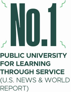 A white graphic that has green text that says: No. 1 Public University for Learning through Service (U.S. News and World Report)