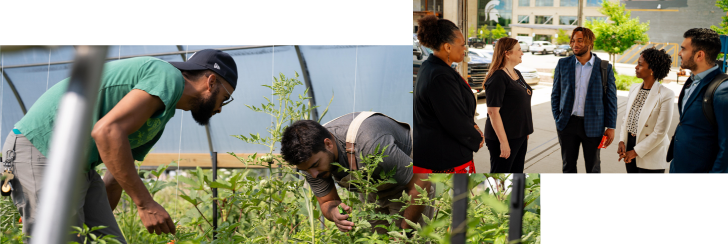 There are two photos. One is of two people looking at plants; the other is a group of five individuals talking to one another outside.