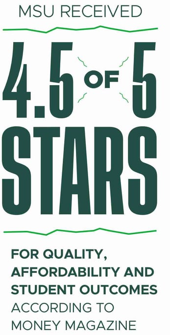 A white graphic with green letters that said: MSU received 4.5 out of 5 stars for quality, affordability and student outcomes according to Money Magazine.