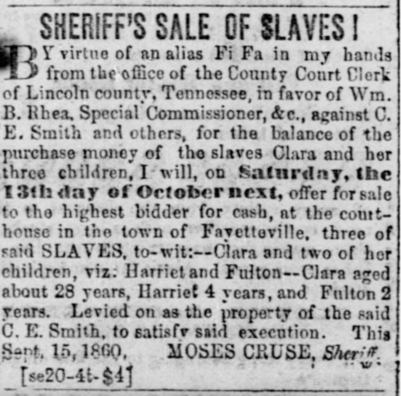 Image of an advertisement to sell slaves from a Sheriff.