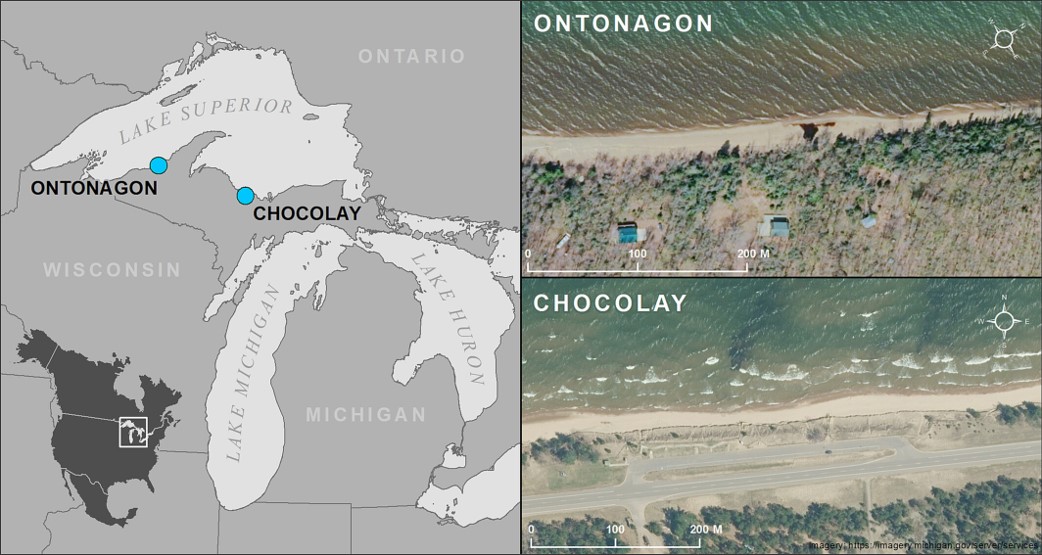 (Left) Study area map depicting the location of the Chocolay and Ontonagon sites within the Great Lakes basin. (Right) Aerial photos of the two sites along the southern Lake Superior coast.