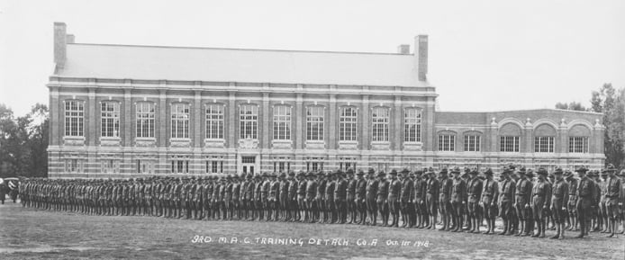 3rd M.A.C. Training Detachment Company A in formation on campus in 1918. 