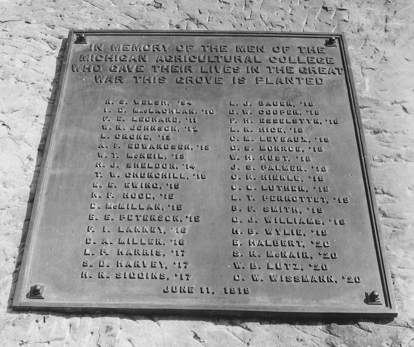 Memorial Grove plaque engraved with the names of the fallen M.A.C. soldiers. 