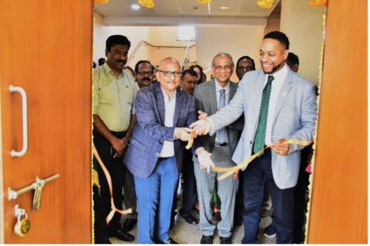 A group gathered as officials cut the ribbon to launch the Centre for Agricultural Development in the African and Asian Regions in Hyderabad, Telangana, India.