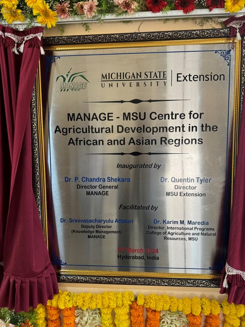 A sign marks the home of the new Centre for Agricultural Development in the African and Asian Regions in Hyderabad, Telangana, India. The partnership between MSU Extension and India’s National Institute of Agricultural Extension Management is the first of its kind.