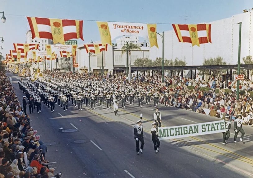 Spartans marching in 1966 Rose Parade