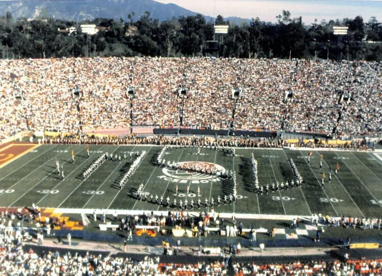 Spartan Marching band in MSU formation  at 1988 Rose Bowl pregame