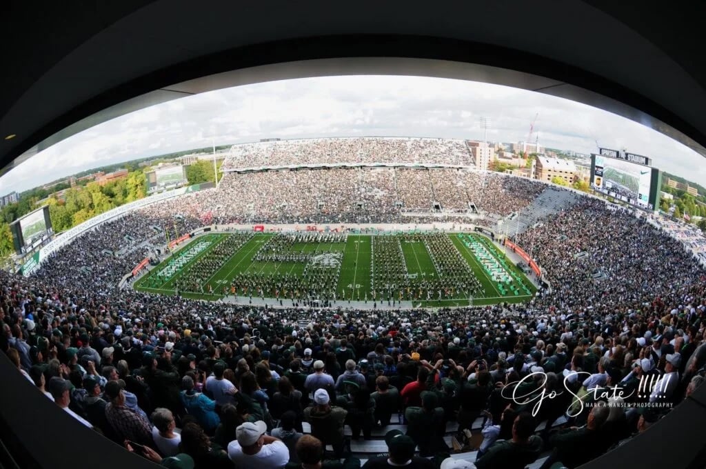 Fisheye view of football field at MSU Bands sesquicentennial celebration