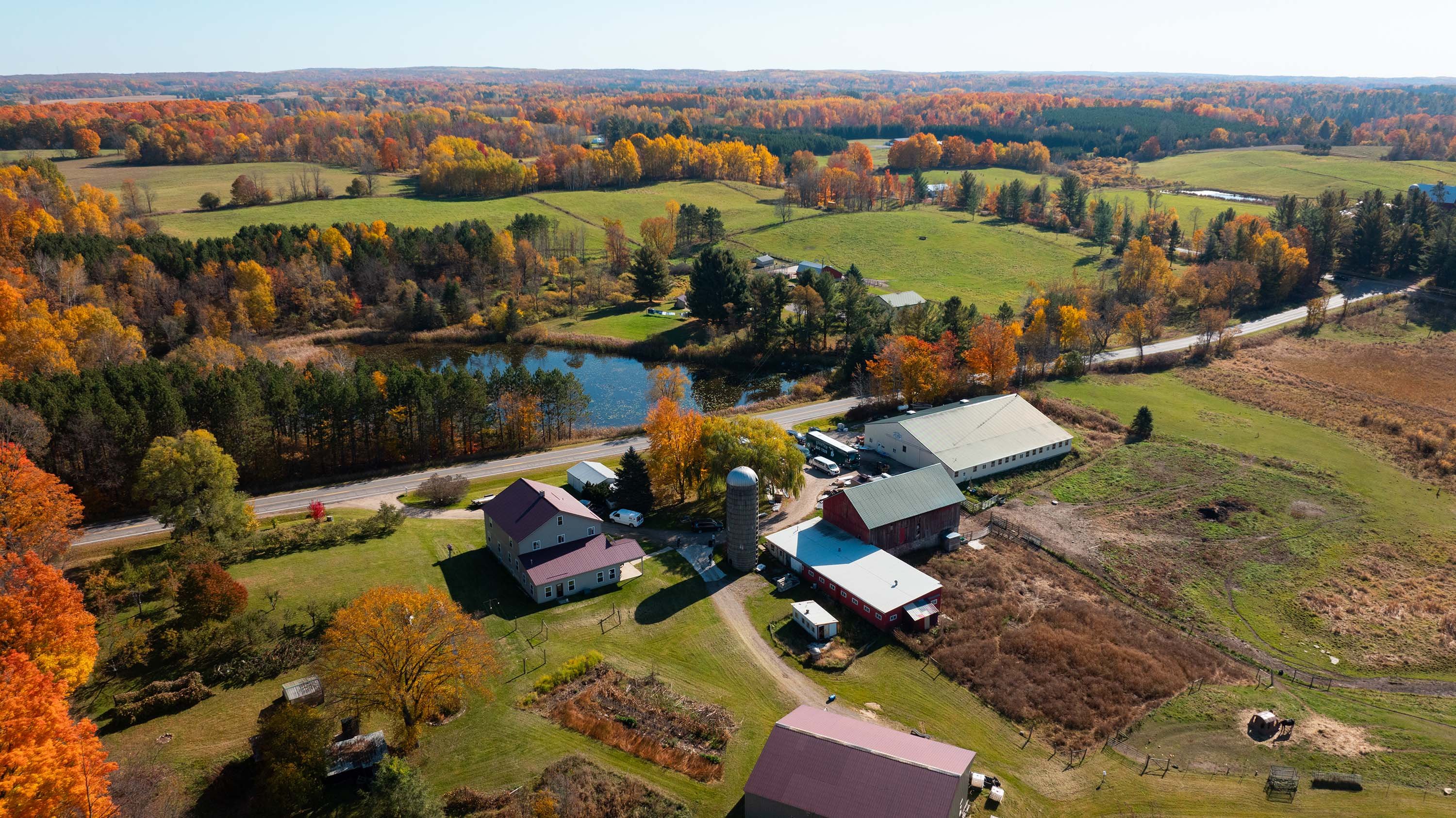 An aerial view of a farm in the fall.