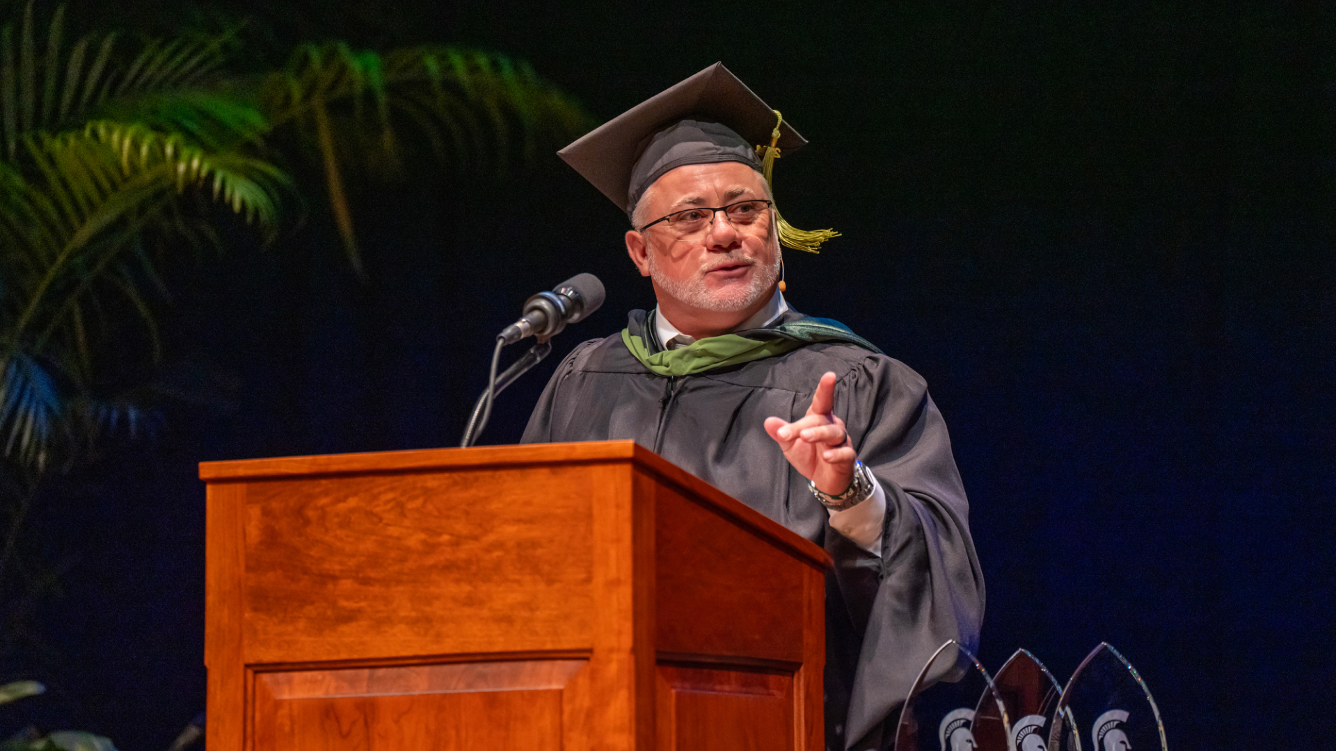 ohn McGinnity, director of the MSU College of Osteopathic Medicine Physician Assistant Medicine Program, speaks during the 2024 commencement for the first graduating class from the program. Photo courtesy of Steve Jessmore Photography.