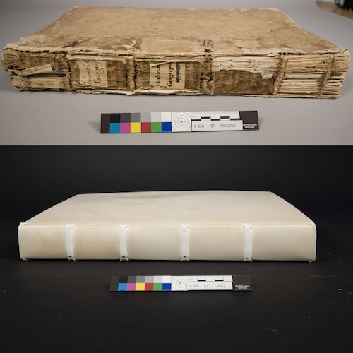 Composite image of the spine of a book before an old book before and after restoration