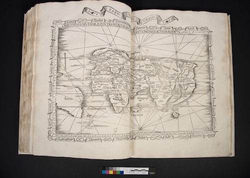 An image of a map surrounded by woodcut border featuring one of the first printed instances of “America.”