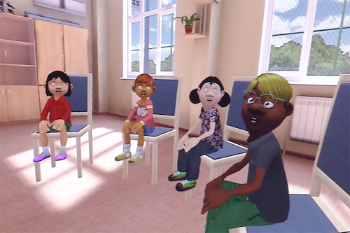 A virtual reality simulation of children sitting in chairs in a circle formation in a classroom.