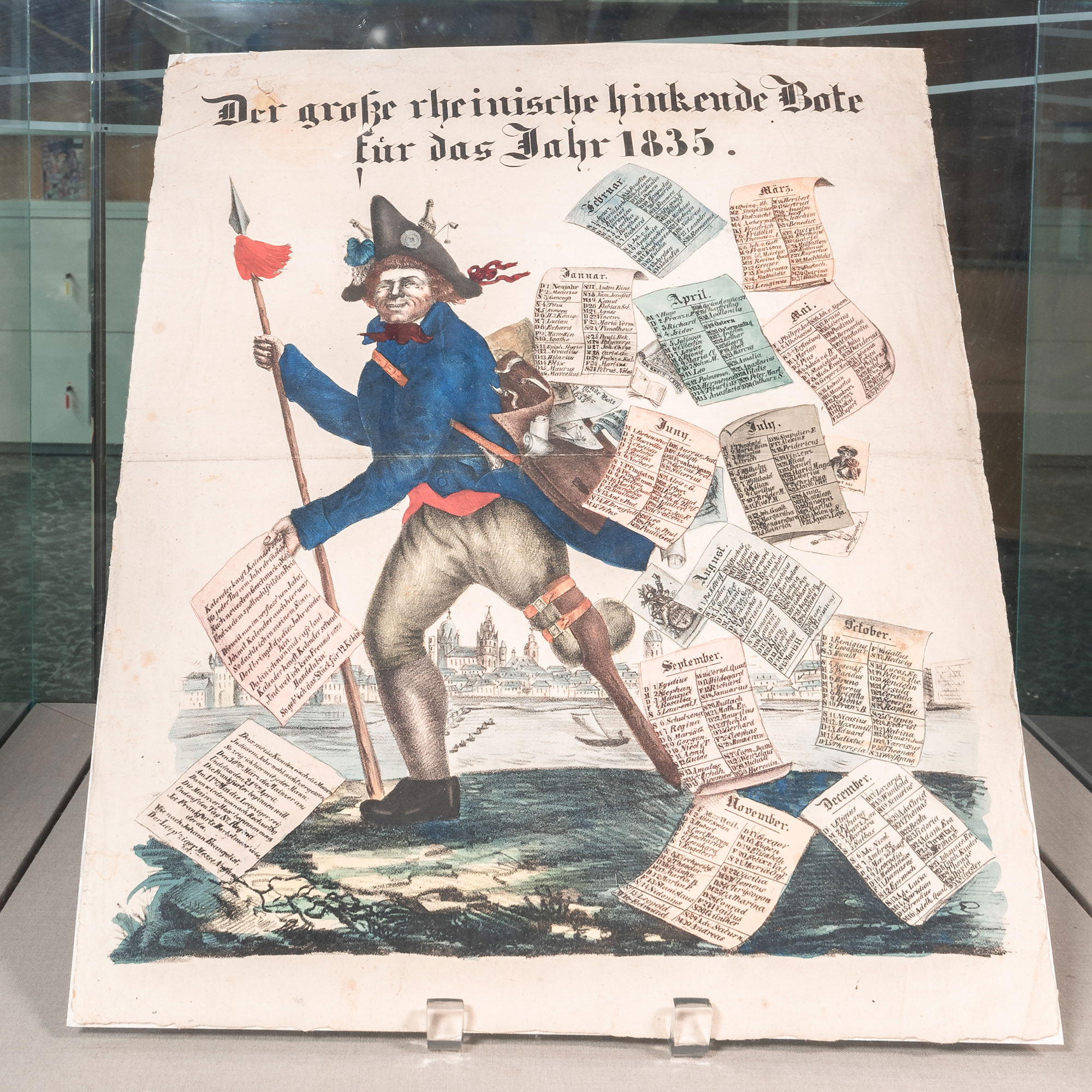 A drawing of a pirate surrounded by a bunch of papers blowing in the wind. The text at the top of the drawing reads “Grosse rheinische hinkende Bote,” which translates to “Great Rhenish Limping Messenger.”