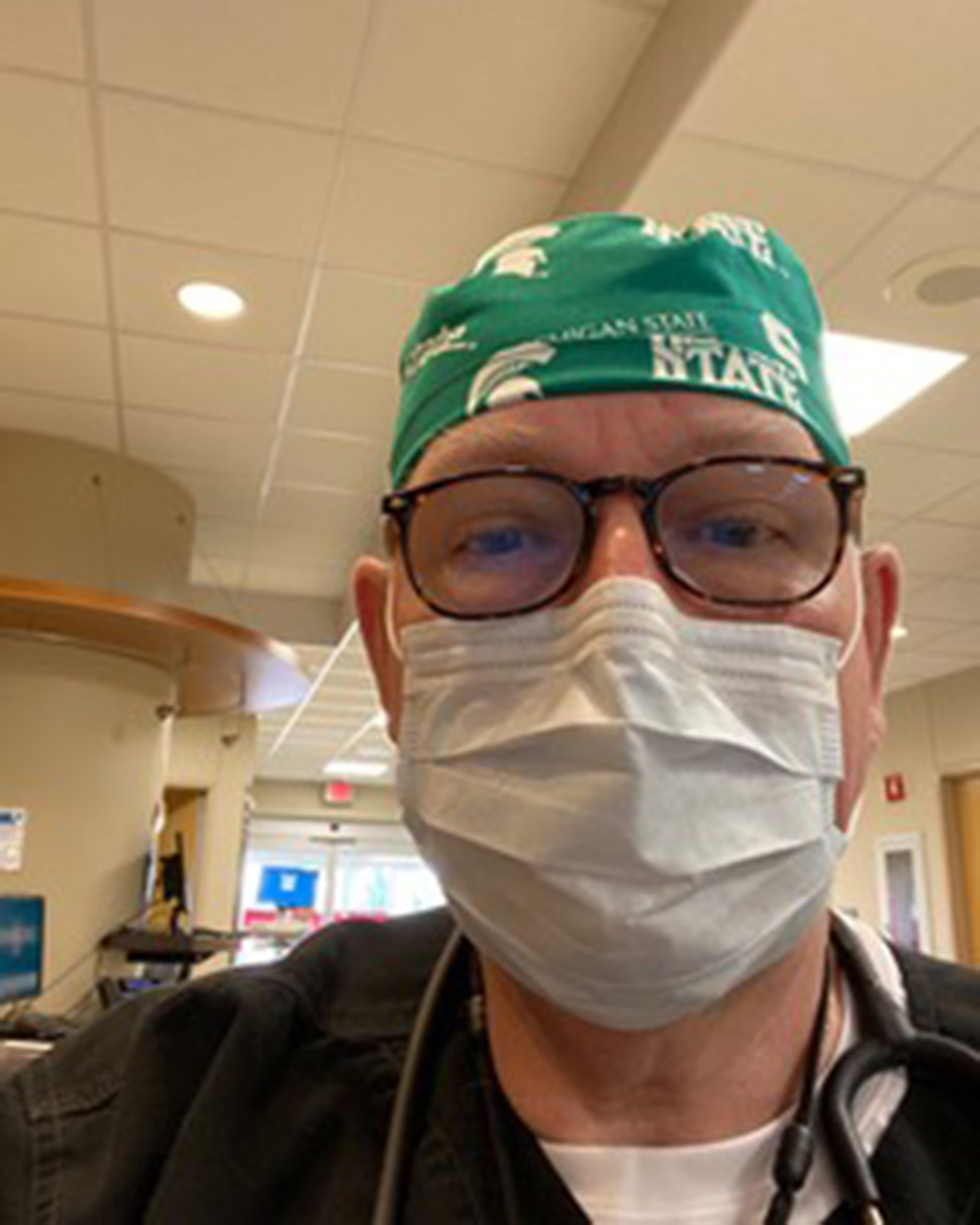 Ed Boudreau in MSU-themed scrub cap